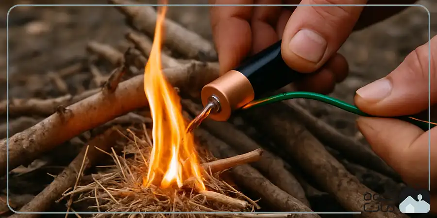 8 روش آتش درست کردن در طبیعت، با تجهیزات و بدون آن Lighting a fire with a battery