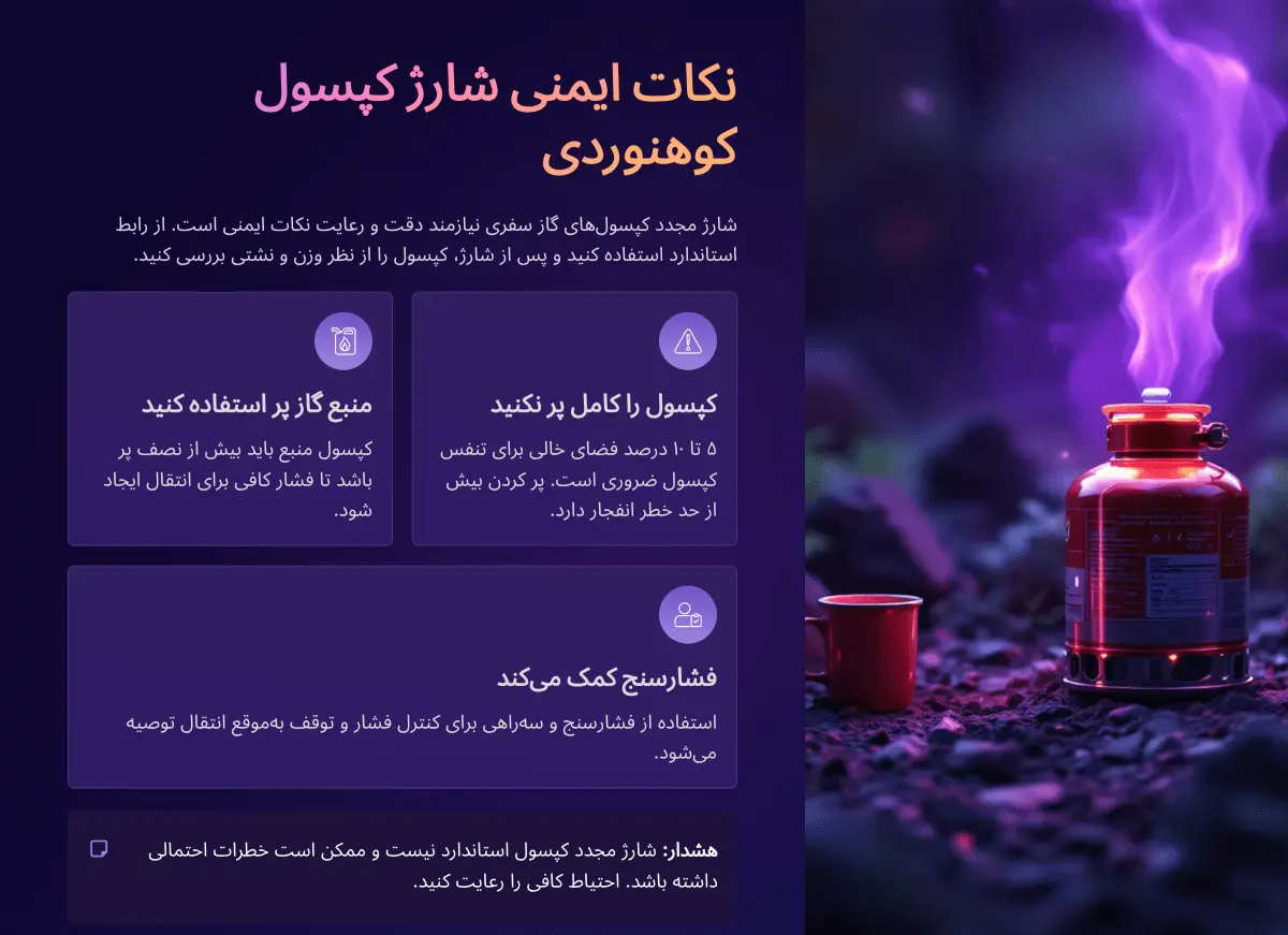 آموزش دقیق شارژ کپسول گاز کوهنوردی + ویدیو نکات و ترفندها نکات ایمنی شارژ کپسول کوهنوردی