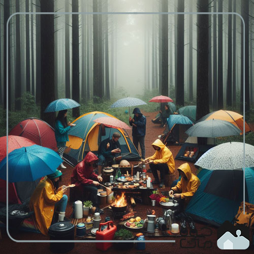 A group of people camping in the forest on a rainy day