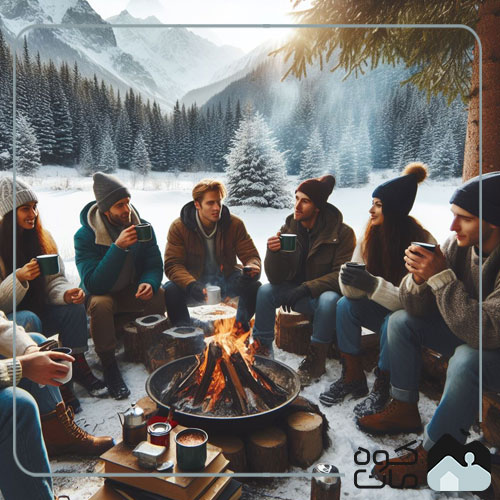A group of people camping in winter