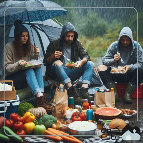Cooking and eating food while camping in rainy days