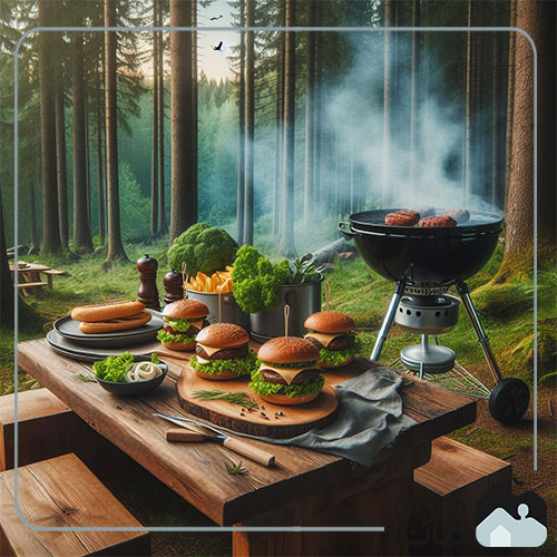 Cooking hamburgers on charcoal in the forest
