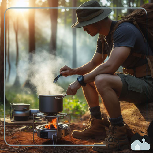 A man cooking on a camping stove in the forest